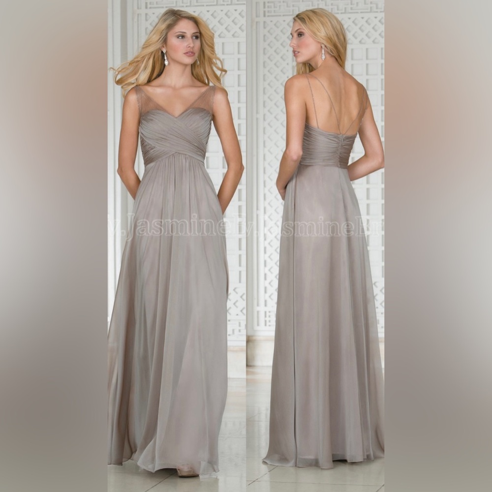 L174002 Long V-neck Belsoie Tiffany Chiffon  Dress with Illusion Straps